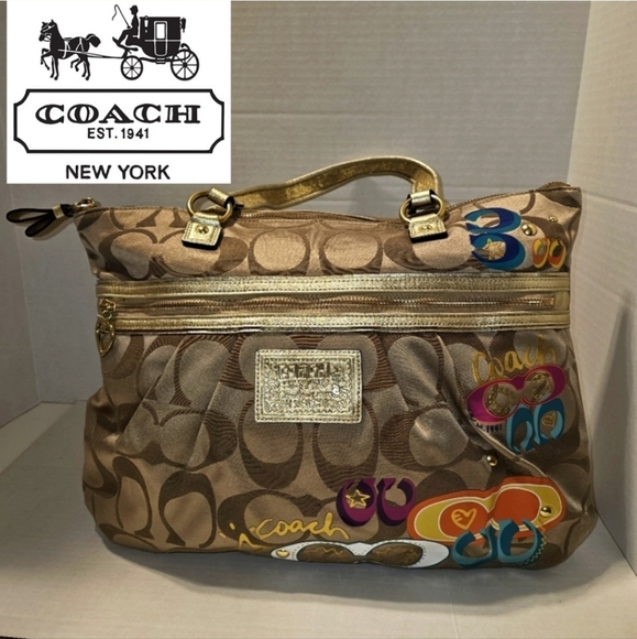 RARE Coach "Poppy Glitter Glam Groovy" Graffiti/Appliqué Handbag Gold - Picture 1 of 10